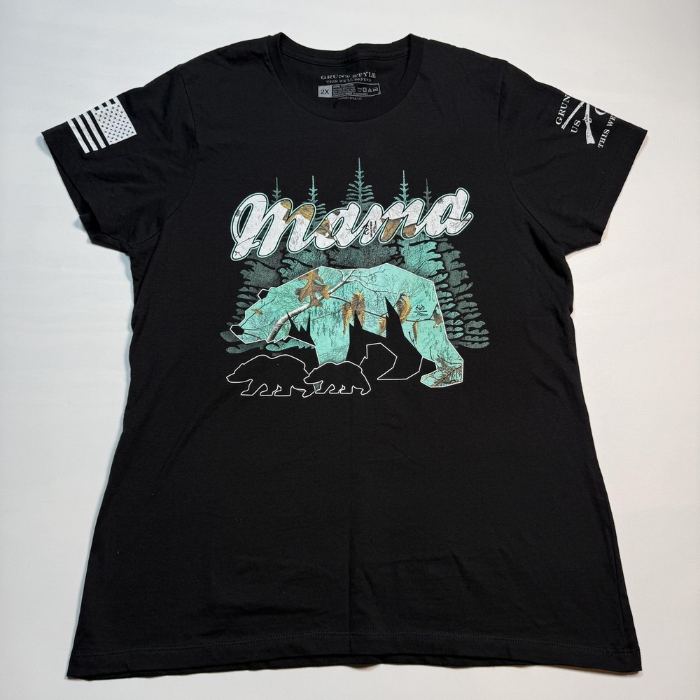 Grunt Style Shirt Womens 2X Black Mama Bear American Flag Camo Military Cotton